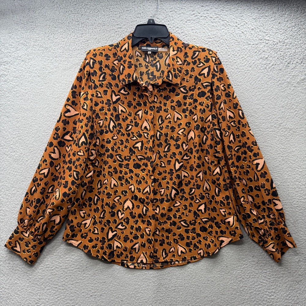 Karl Lagerfeld Top Blouse Brown Hearts Animal Print Long Sleeve Button Size L
